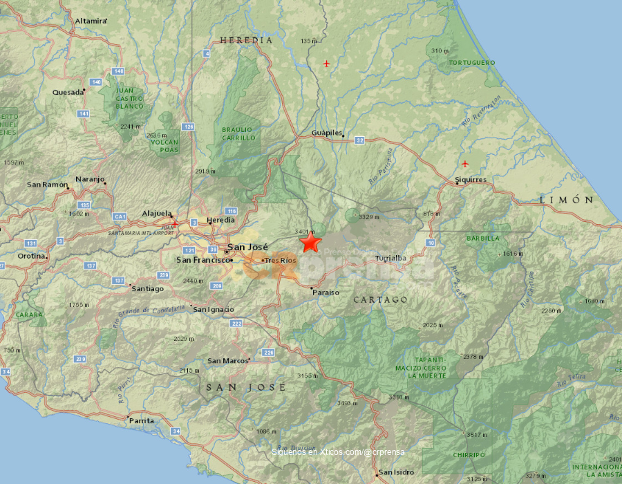 Mapa del sismo reportado por OVSICORI