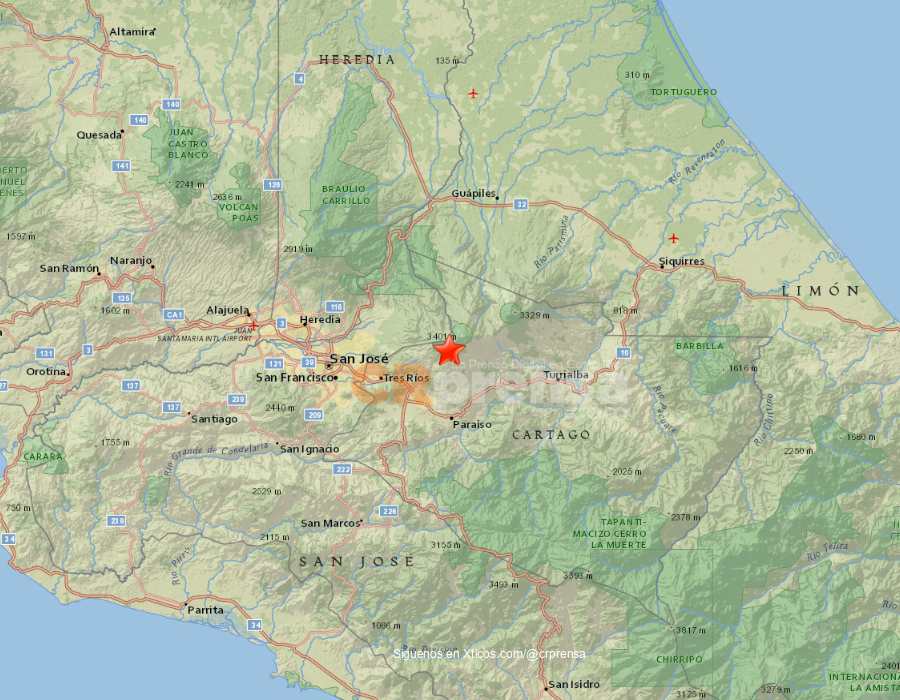 Mapa del sismo reportado por OVSICORI