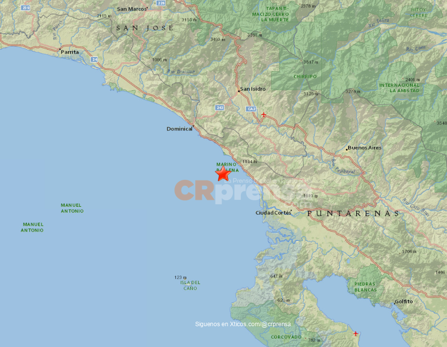 Mapa del sismo reportado por OVSICORI