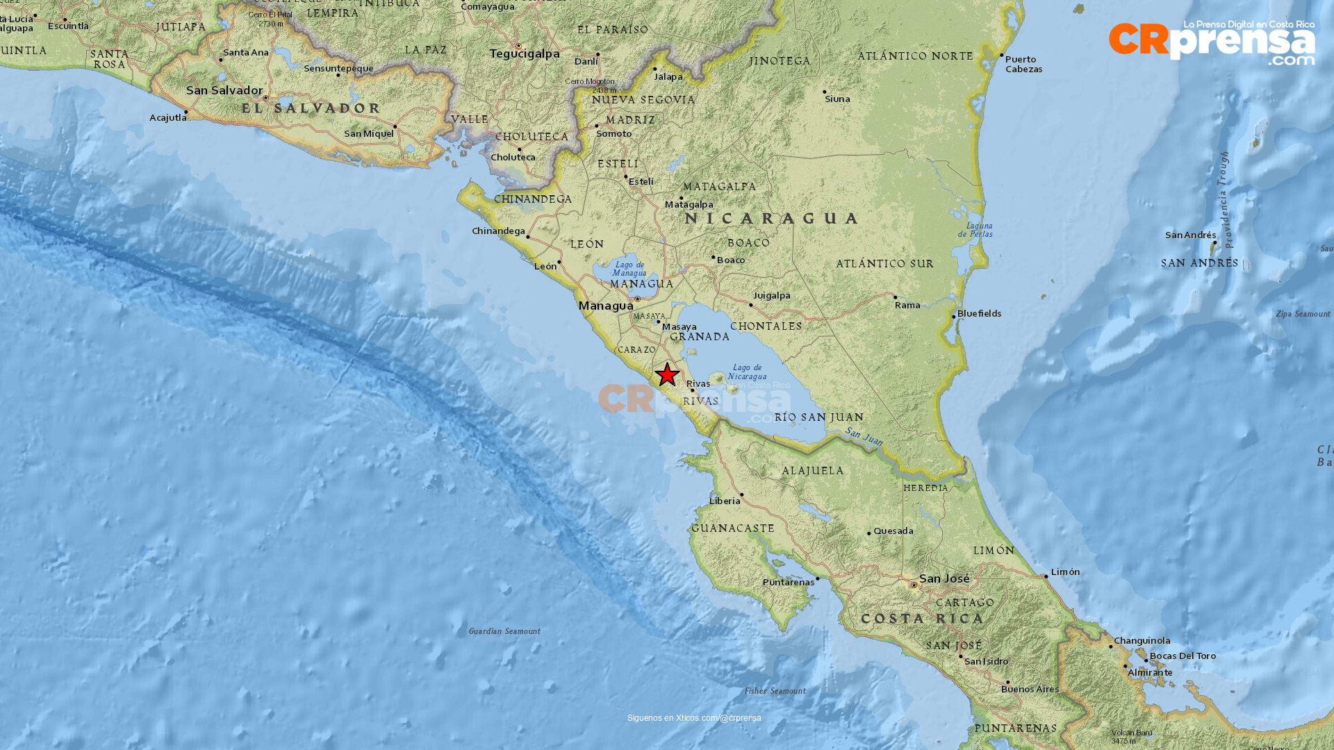Mapa del sismo reportado por la RSN