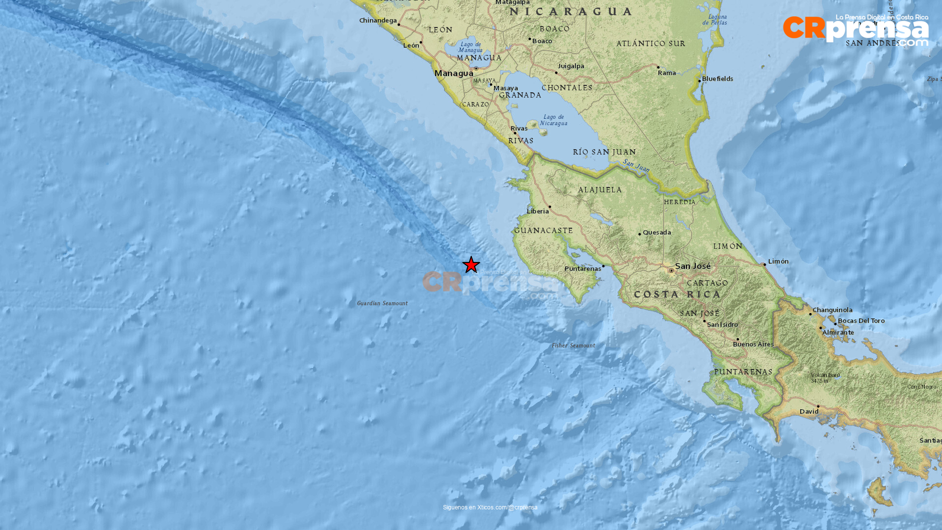 Mapa del sismo reportado por la RSN